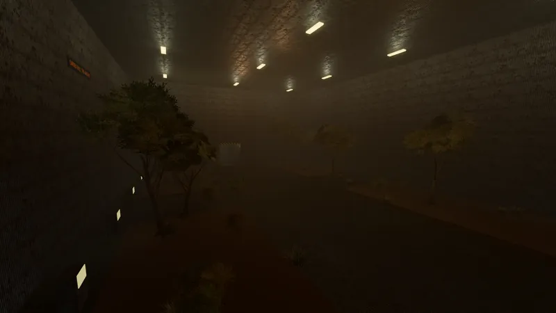 Trees growing in a long underground hall lit by ceiling lamps