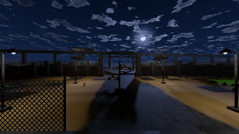 Chain-link fences and lamp posts at a compound gate at night under a full moon