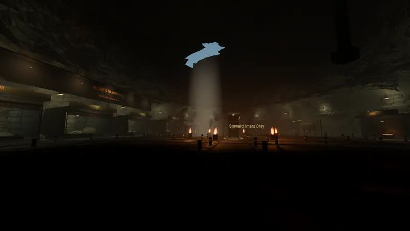 A beam of daylight falling through a hole in a cavern roof onto a dark plaza with braziers