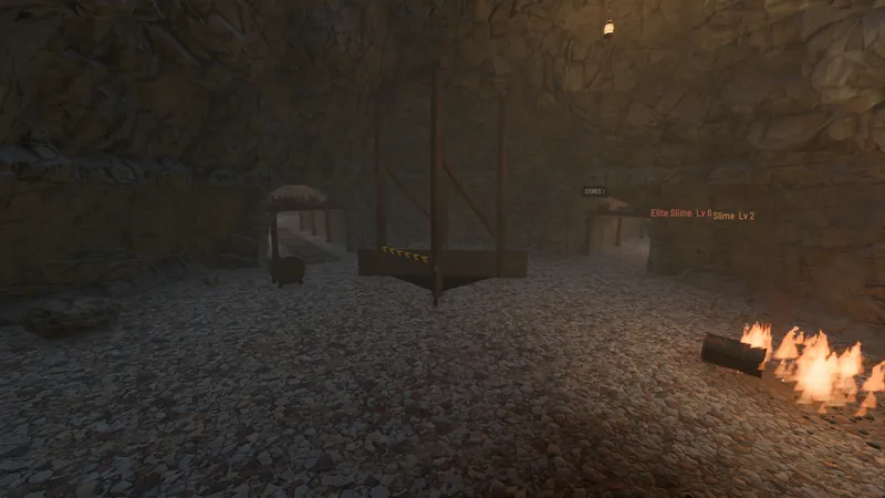 A cave chamber with timber supports, a burning log and creatures in the shadows