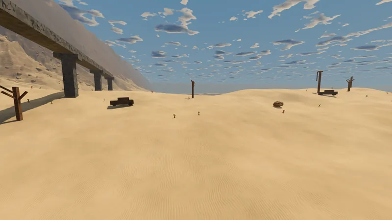 A monorail on concrete pillars crossing the desert near a mine entrance