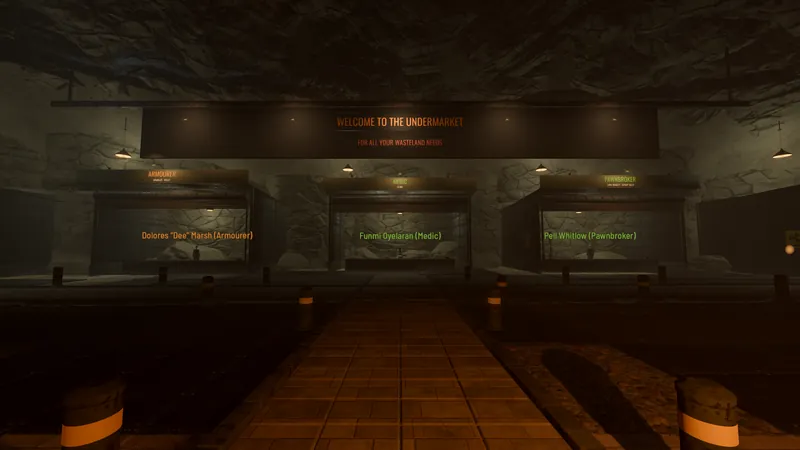 Three lit market stalls under a sign reading Welcome to the Undermarket, inside a dark cavern
